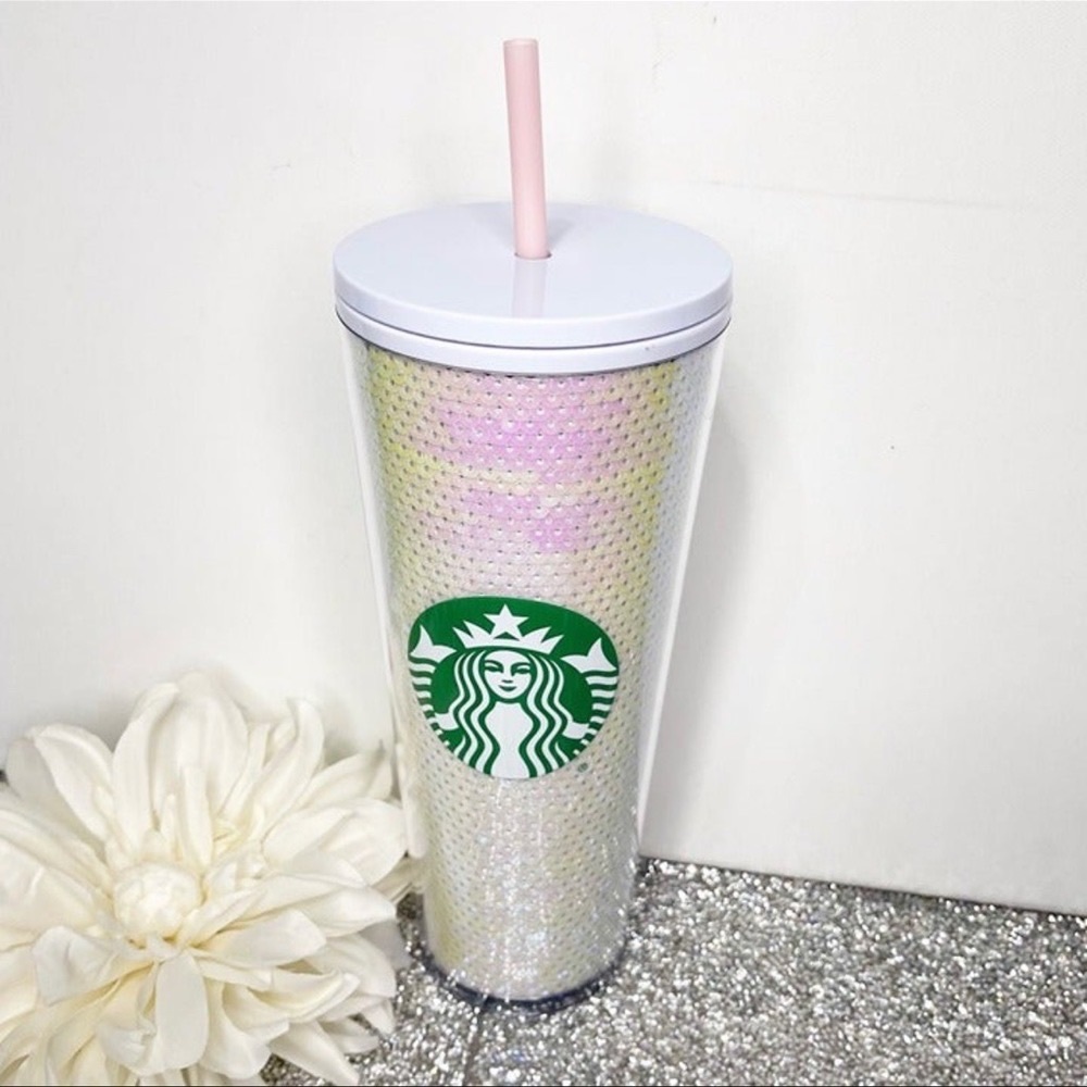 Starbucks White Pink Sequin Tumbler Cup Venti Cold Cup Nwt - Picture 4 of 6